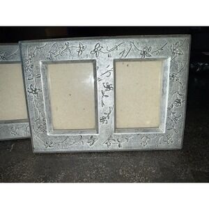 2 Vintage 1999 Burnes of Boston Peweter Frame Floral Fits Two Photos 2.5" x 3.5"
